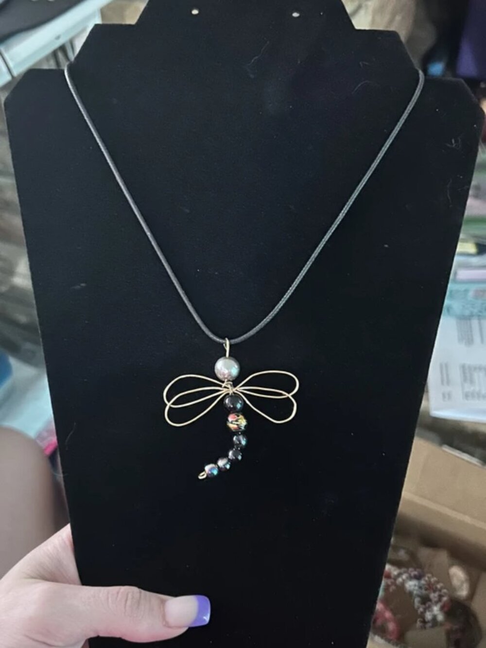 Whimsical Wire-Wrapped Dragonfly Pearl & Glass Bead Cord Pendant Necklace